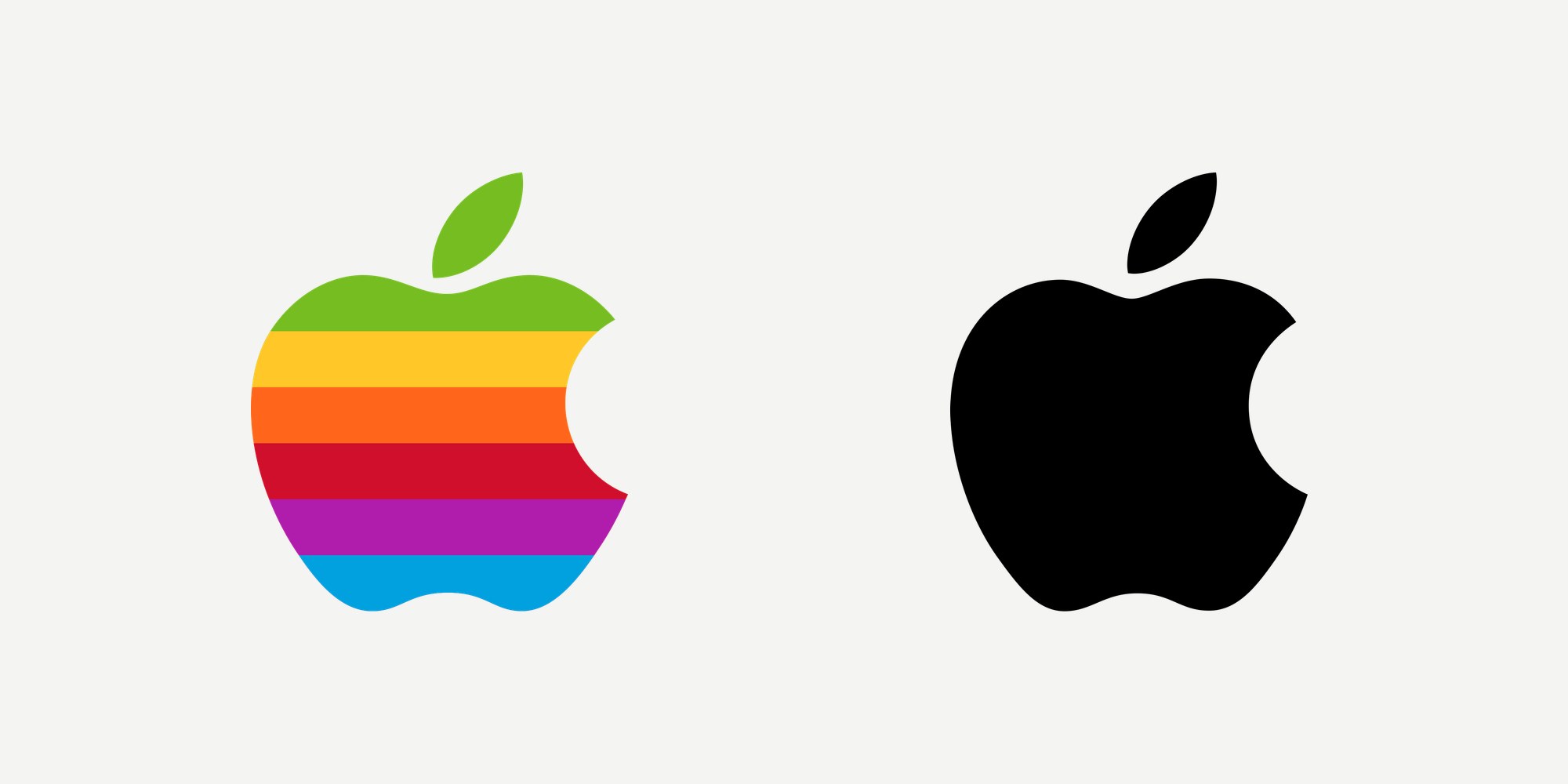 Two Apple logos side by side at the same size on a light grey background: the striped rainbow apple of 1977 on the left and the solid black apple adopted in 1998 on the right.