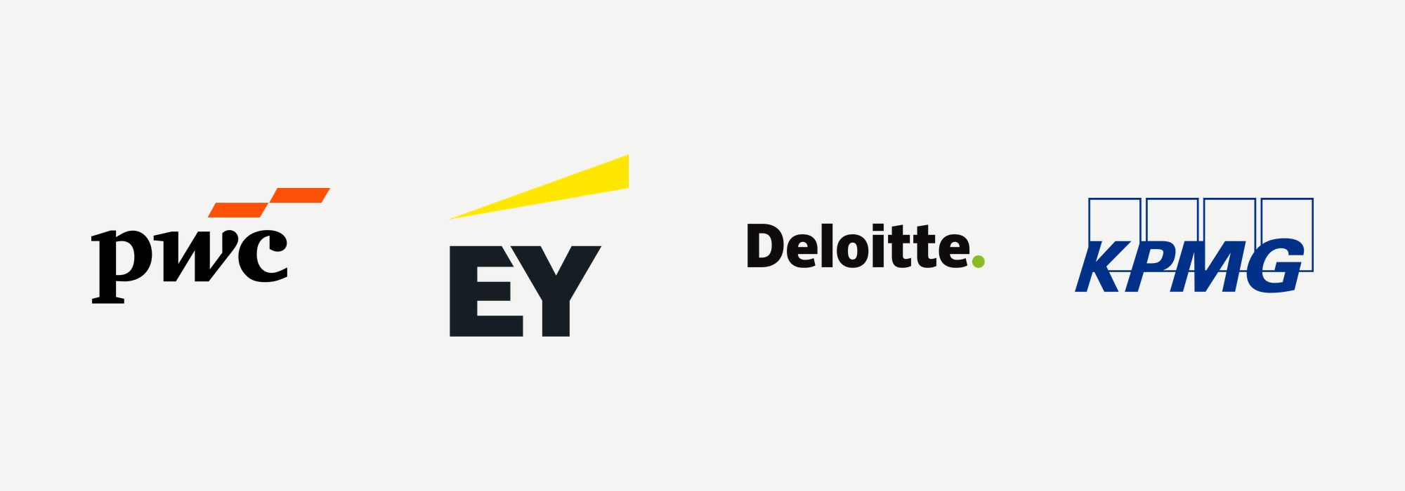 The current logos of the Big Four auditors in a single row at equal size: PwC with orange blocks, EY with a yellow beam, Deloitte in black with a green dot, and KPMG in blue.