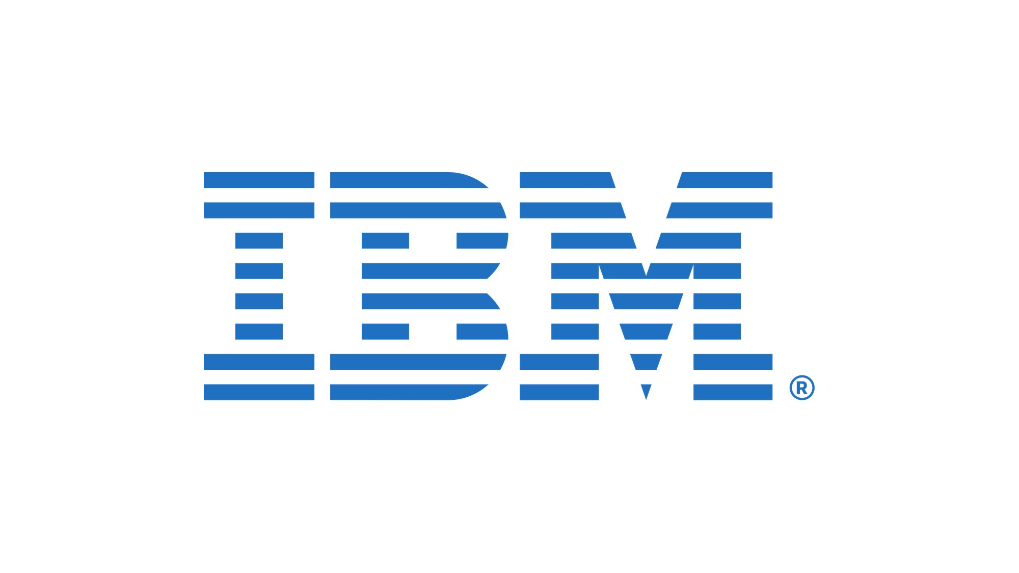 The IBM logo designed by Paul Rand in 1972, the letters IBM built from 8 horizontal blue stripes, on a white field.