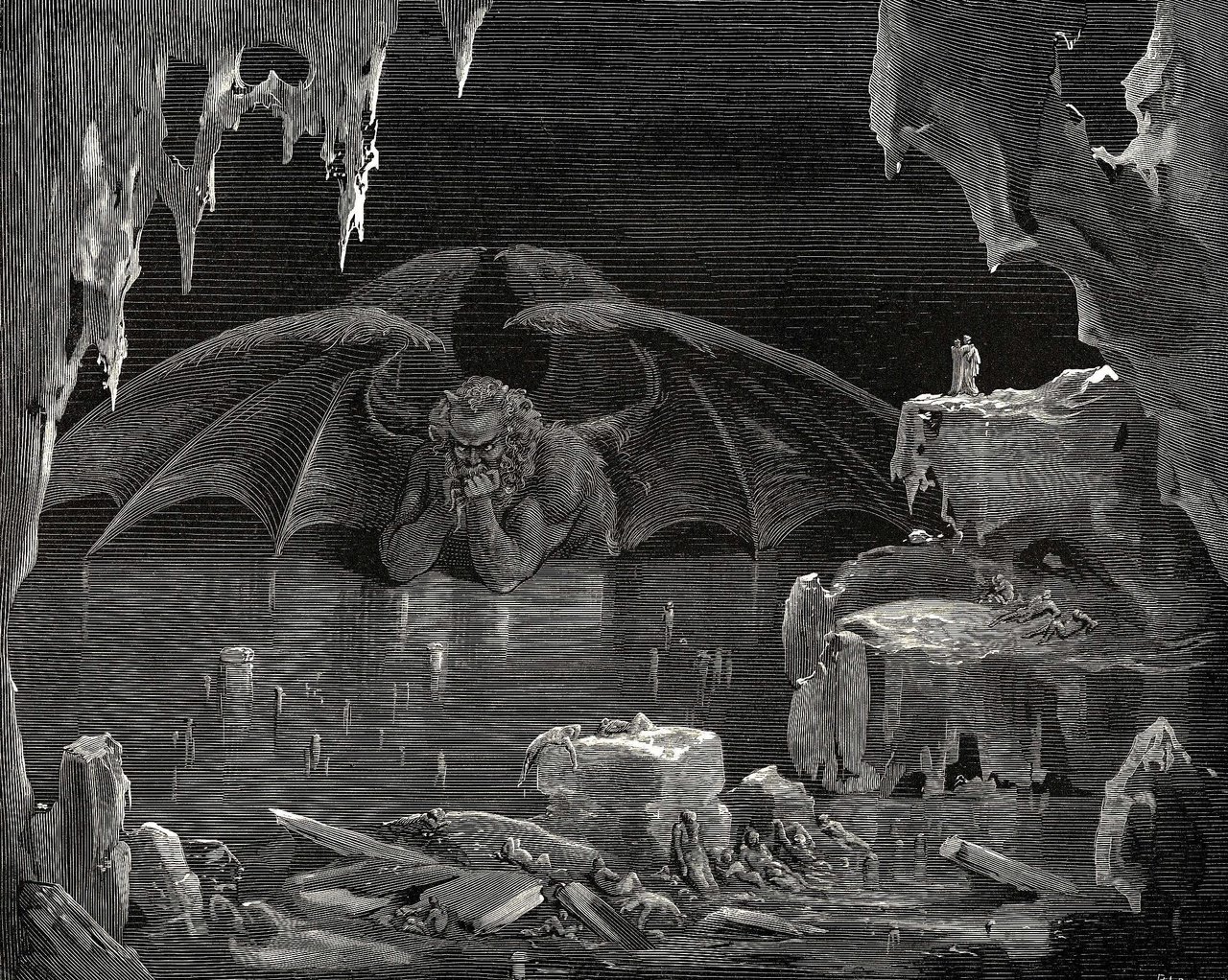 Gustave Doré's engraving of Lucifer at the frozen center of Dante's hell, an immense winged figure sealed in ice as tiny travellers look on.