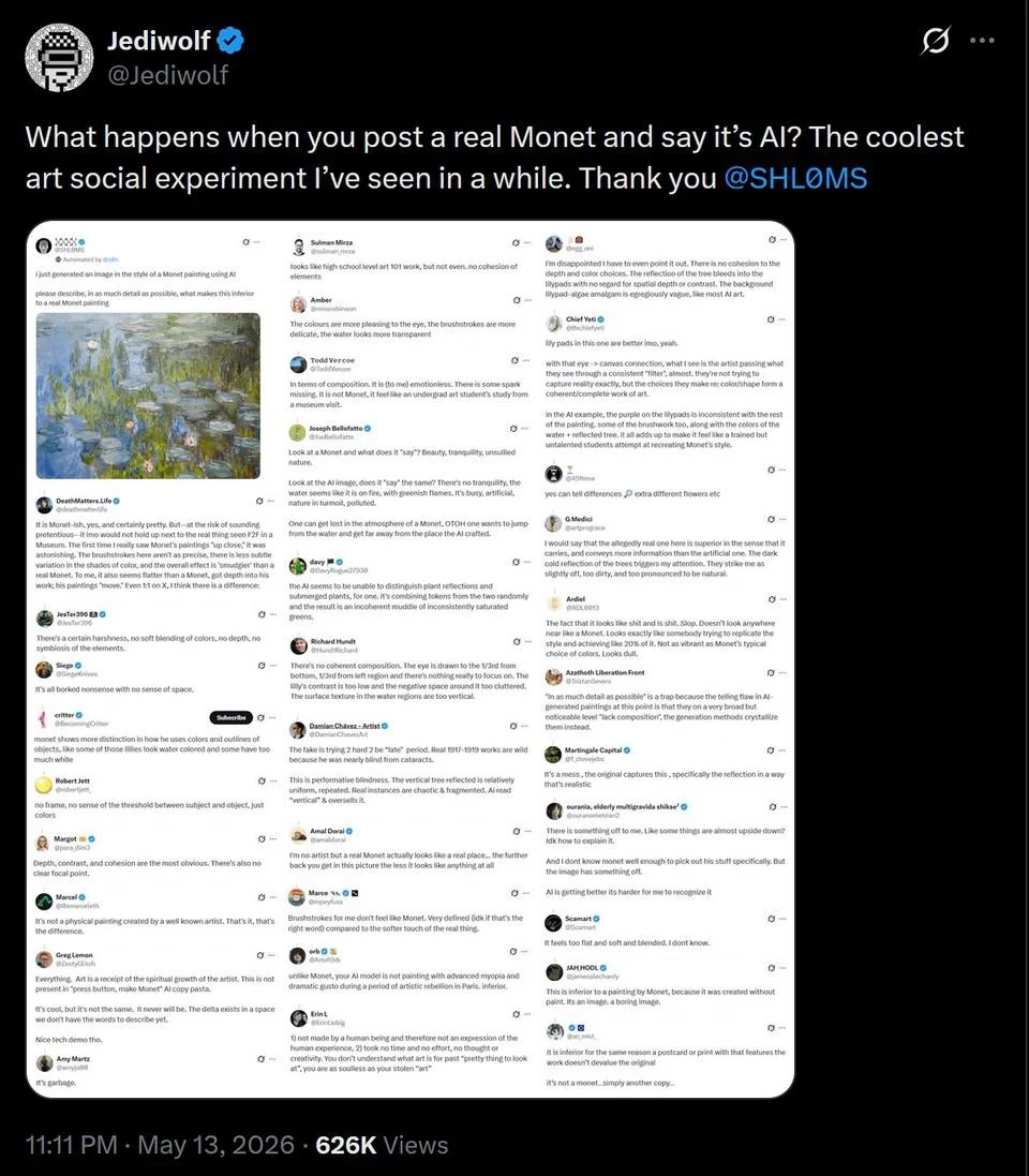 A screenshot of the viral X thread in which a real Monet Water Lilies painting, presented as AI-generated, is buried under dozens of harsh replies calling it soulless, incoherent, and garbage.
