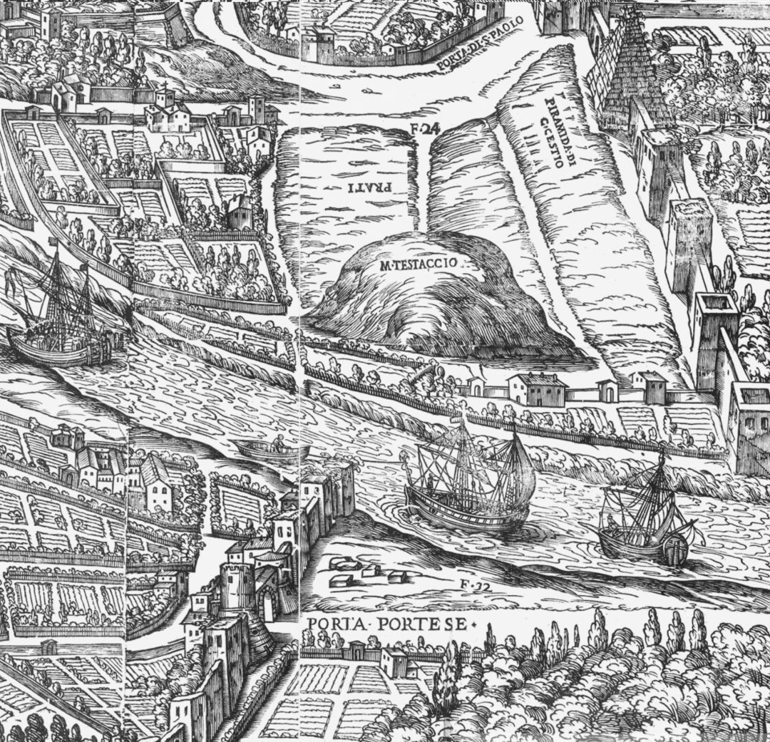A 16th-century woodcut view of Rome showing the mound labeled M. Testaccio near the Tiber, with sailing ships on the river and the Porta Portese below.