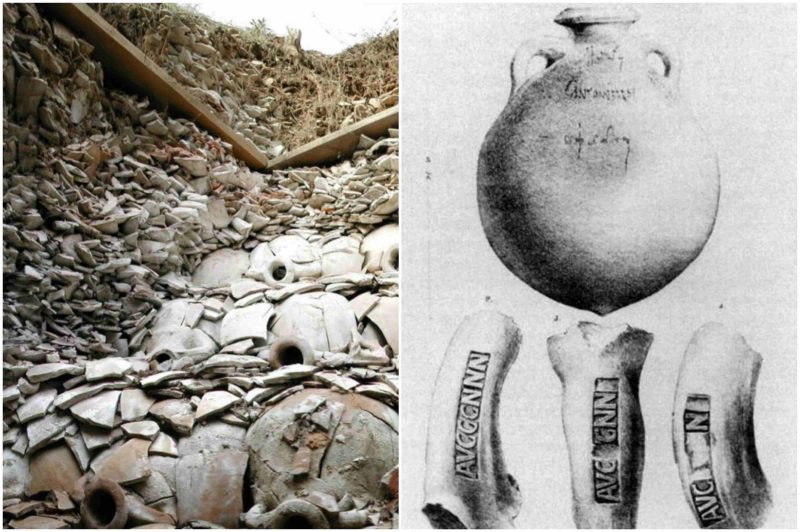 A photograph of stacked, broken amphorae beside a 19th-century drawing of an amphora and three handle fragments carrying painted inscriptions reading AVG.