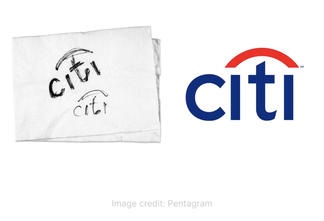 Paula Scher's rough pen sketch of the Citi logo on a paper napkin, next to the finished blue Citi wordmark with its red arc.