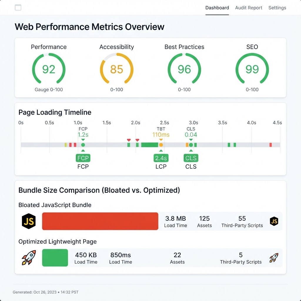 A clean web performance dashboard showing page-speed score gauges and two bars comparing a heavy bloated JavaScript bundle against a small lightweight page.