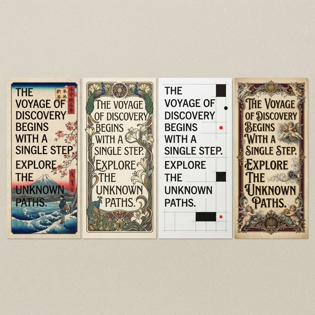 A conceptual design showcase showing the same block of text rendered in four radically different visual styles side by side, from Japanese woodblock to Swiss modernism.