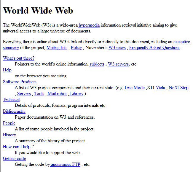 A screenshot of the world's first web page: plain black serif text on a white background, headed World Wide Web, with the project description and blue underlined hyperlinks.