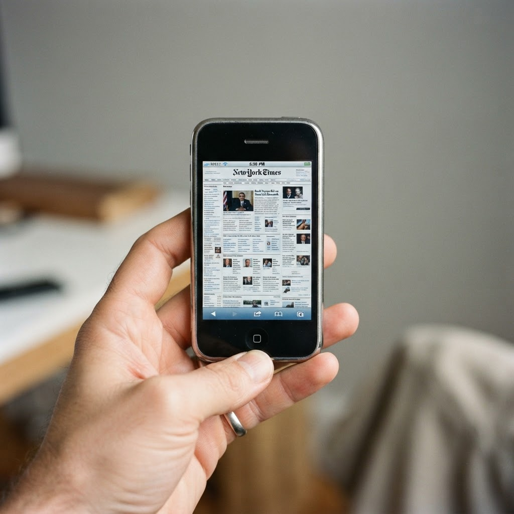 A first-generation 2007 smartphone held in a hand, displaying a full desktop website shrunk down to fit the tiny screen with unreadably small text.