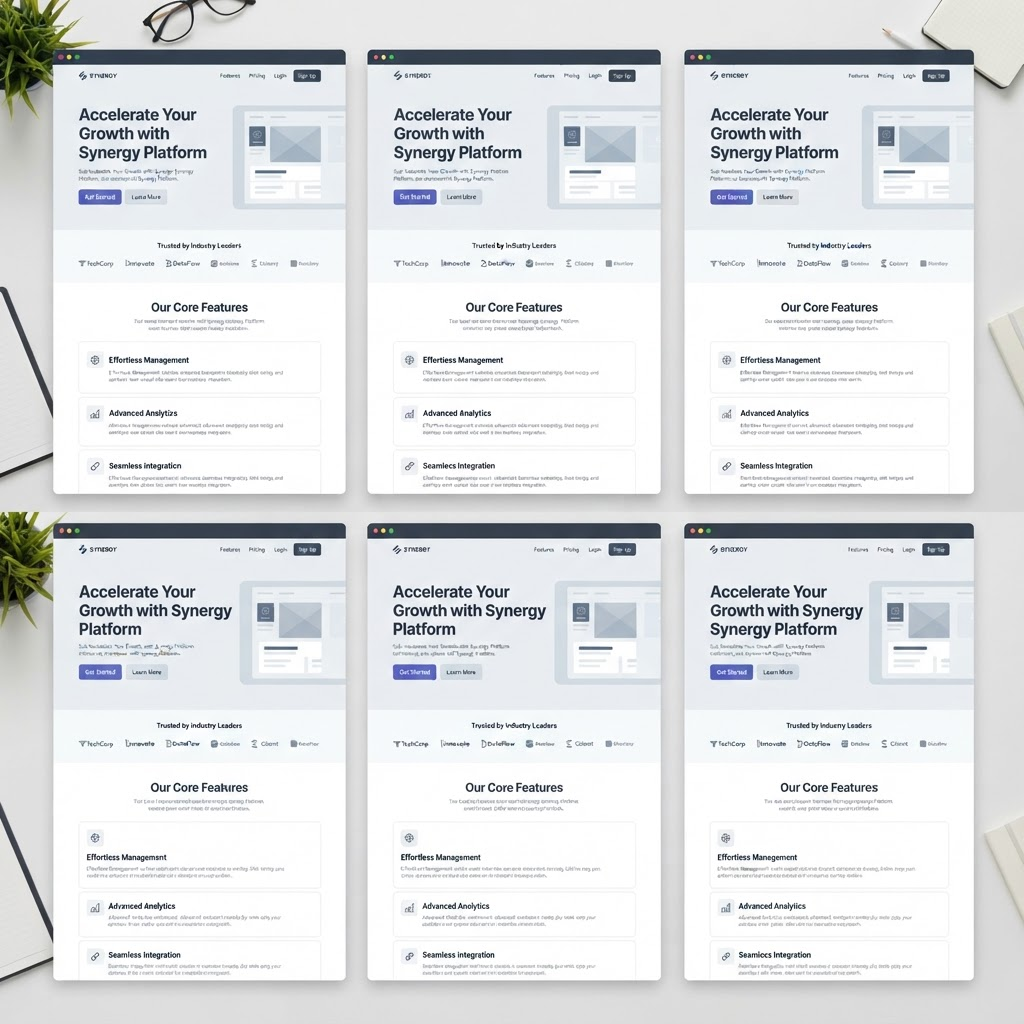 A grid of six nearly identical modern SaaS landing pages, each with a big hero headline, two buttons, a row of gray logos, and three feature cards.