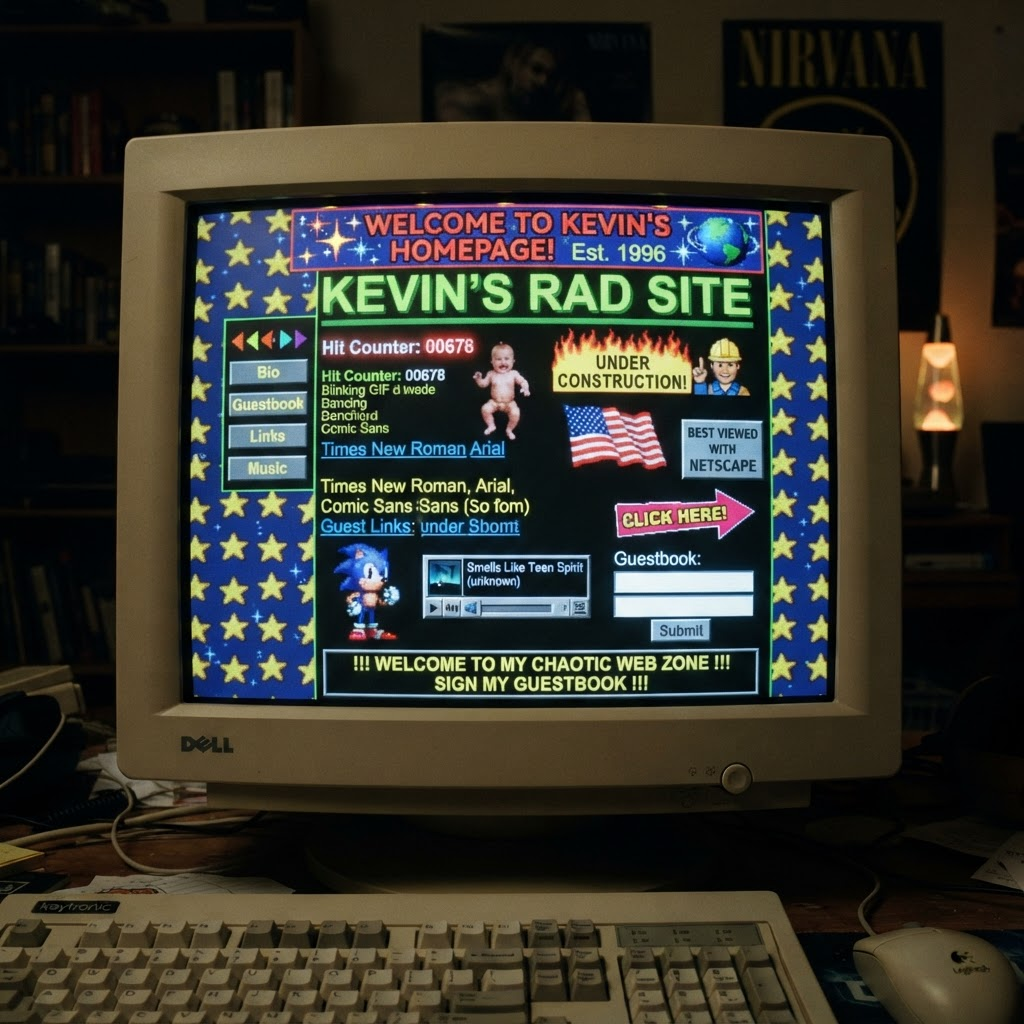 A mid-1990s CRT screen showing a chaotic early website with bright web-safe primary colors, a tiled starry background, and blocky pixel graphics.