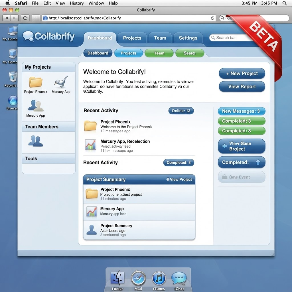 A mid-2000s Web 2.0 interface with glossy vertical-gradient buttons, rounded corners, reflective badges, and a shiny beta ribbon.