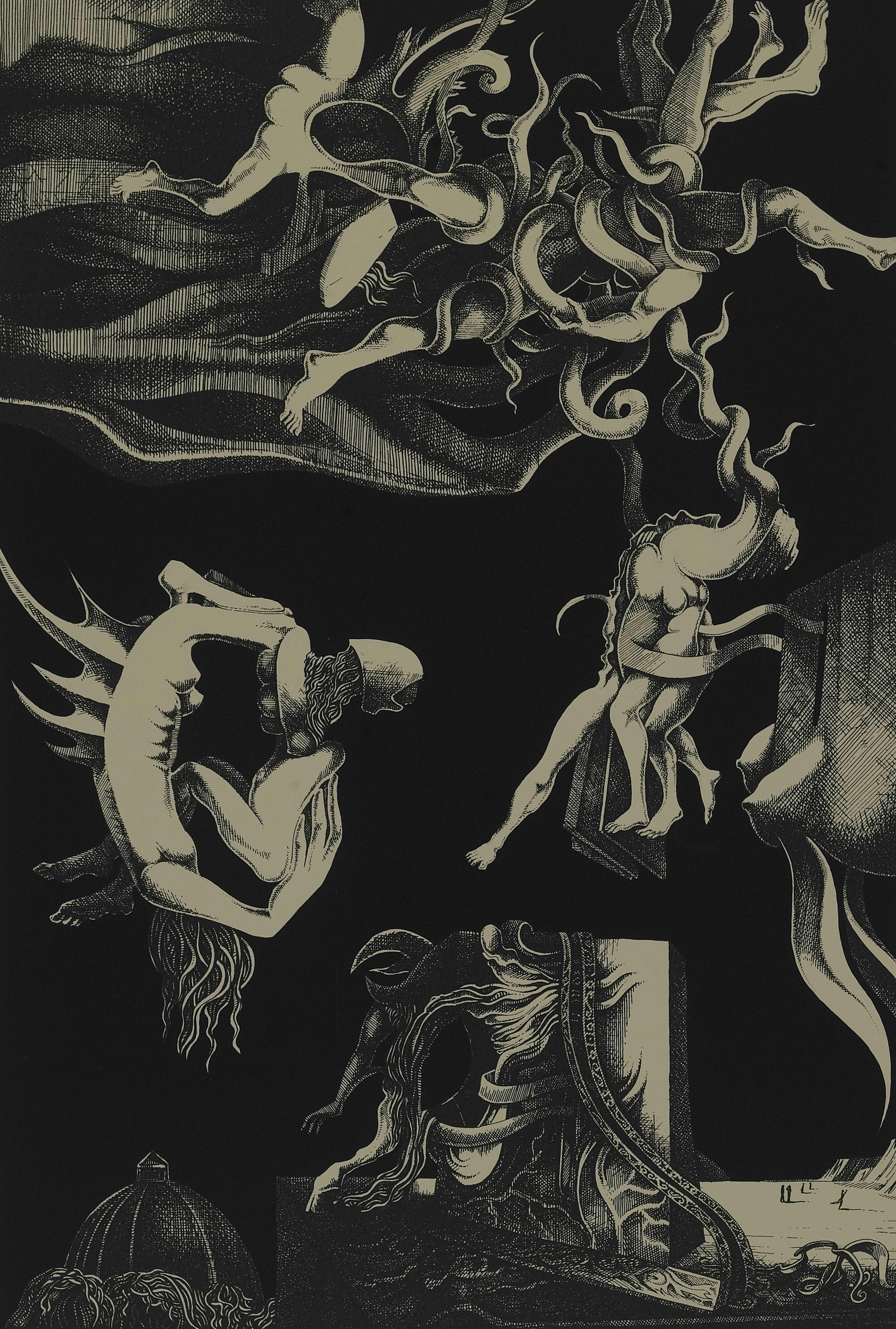 A dark vintage engraving of surreal intertwined figures and serpentine forms descending through a void, evoking Dante's Inferno.