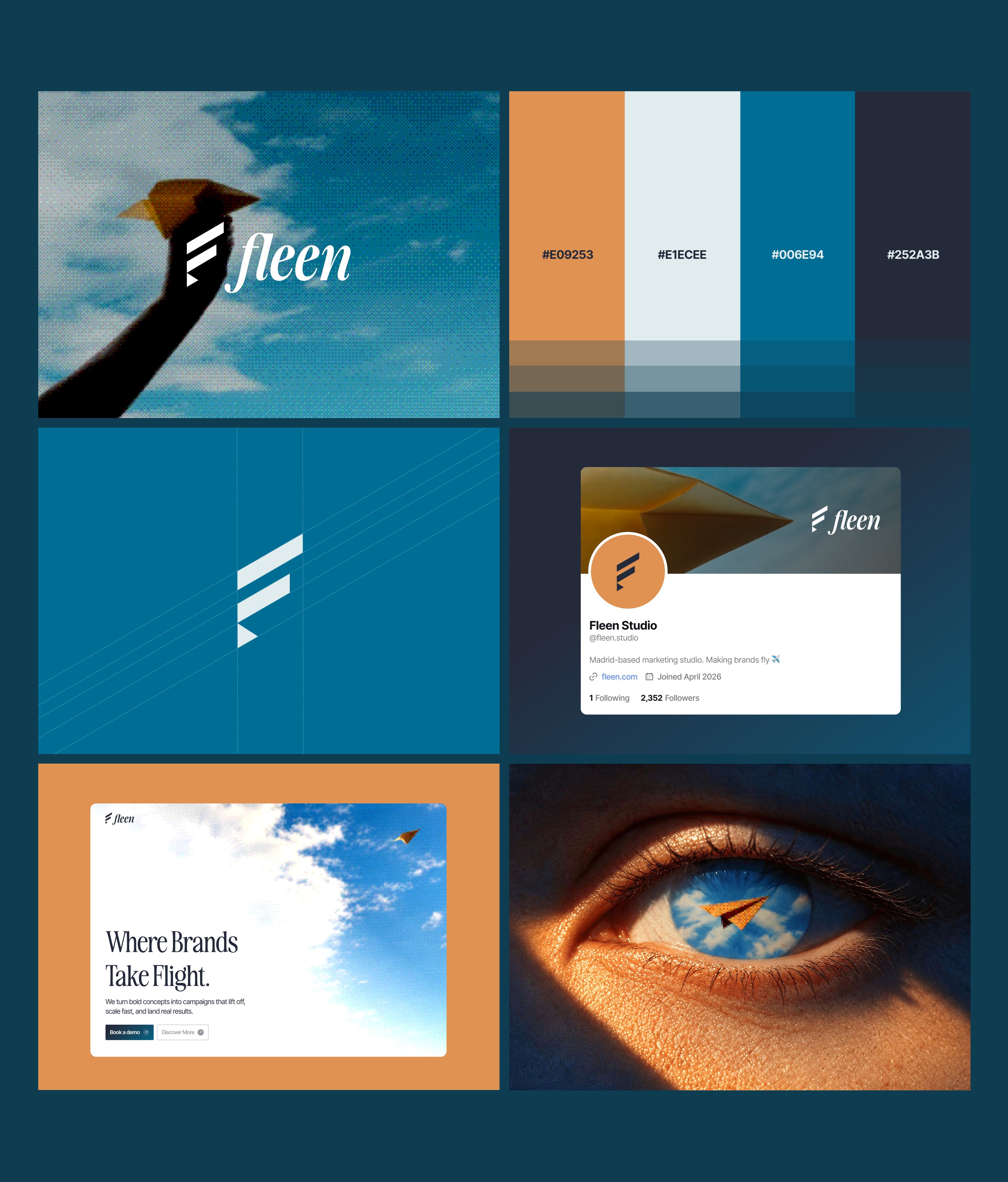 Fleen brand board: paper plane photography with the fleen wordmark, an orange, ice, ocean blue and navy palette, the F mark on a construction grid, a social profile, a website hero, and an eye reflecting a paper plane.