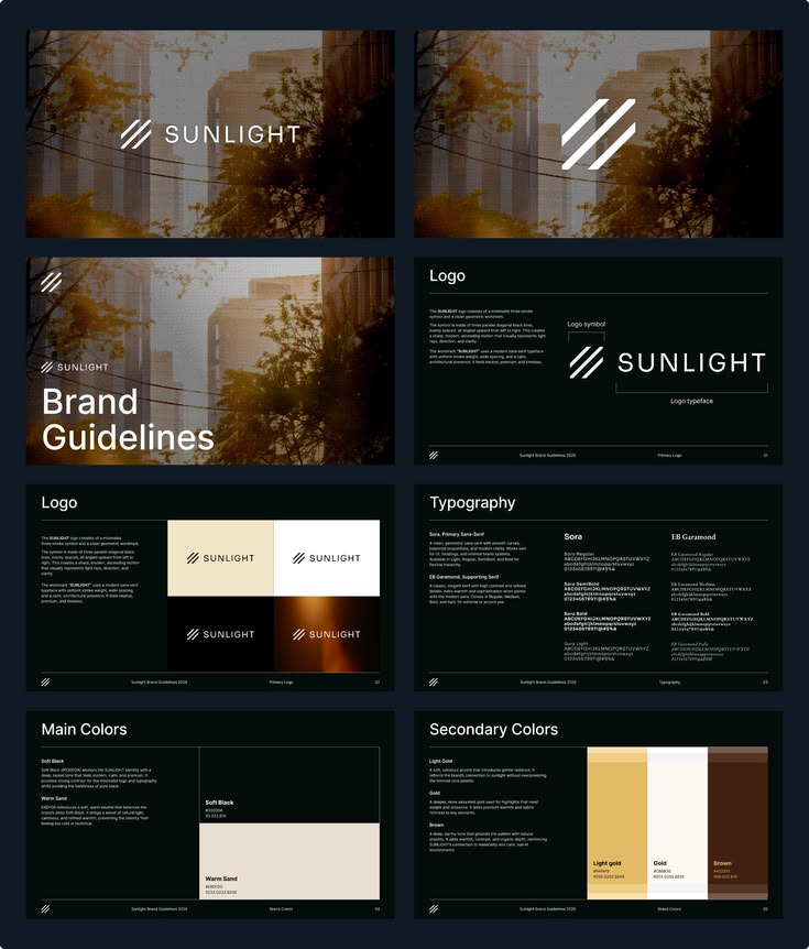 Sunlight brand guidelines: three-stroke logo mark over autumn city photography, typography specimens in Sora and EB Garamond, and soft black, warm sand, gold and brown color pages.